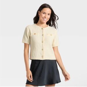 a new day Women’s Cream Bouclé Short-Sleeve Cardigan with Metal Buttons Size XS